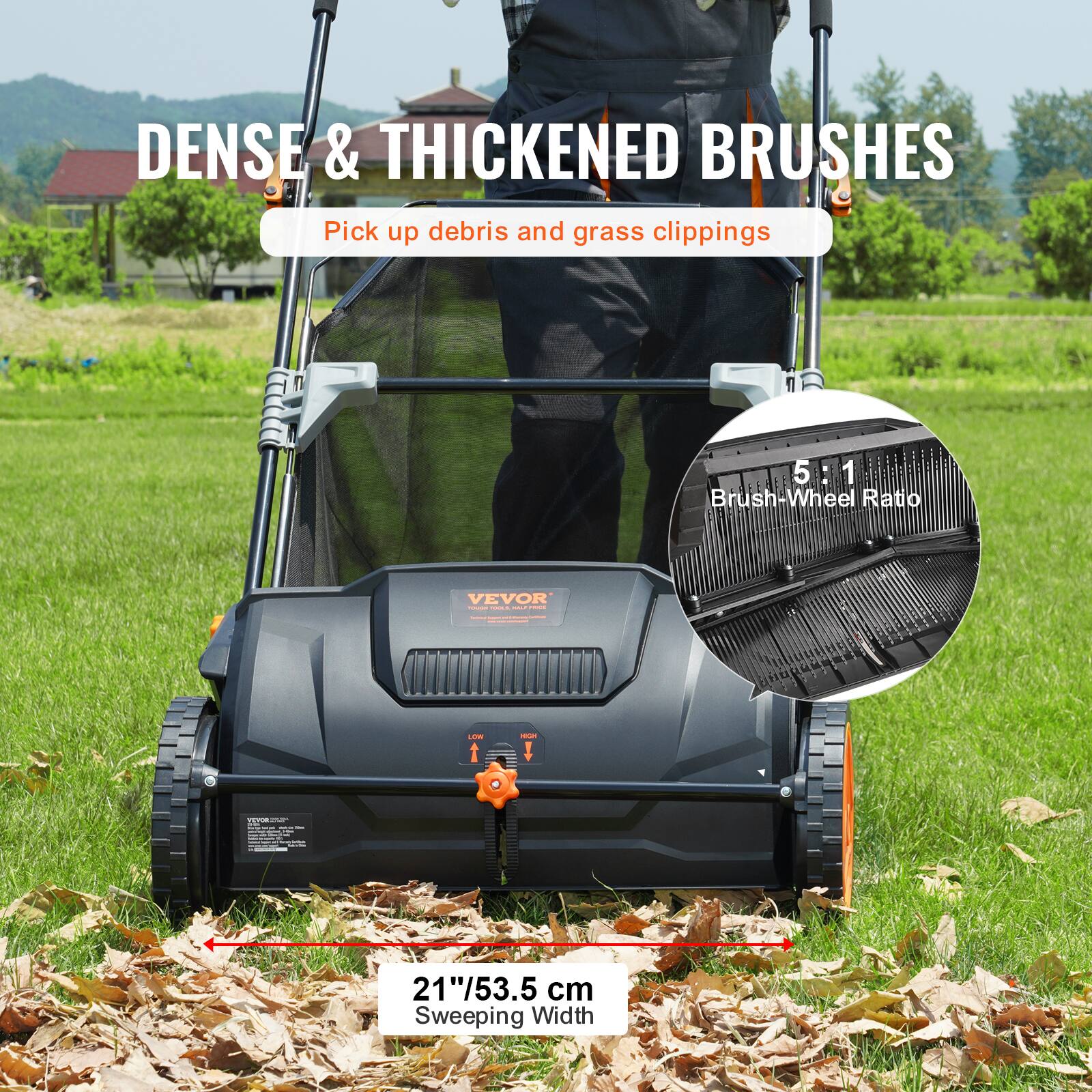 DENSE & THICKENED BRUSHES, Pick up debris and grass clippings, 5:1 Brush-Wheel Ratio, VEVOR, 21"/53.5 cm Sweeping Width