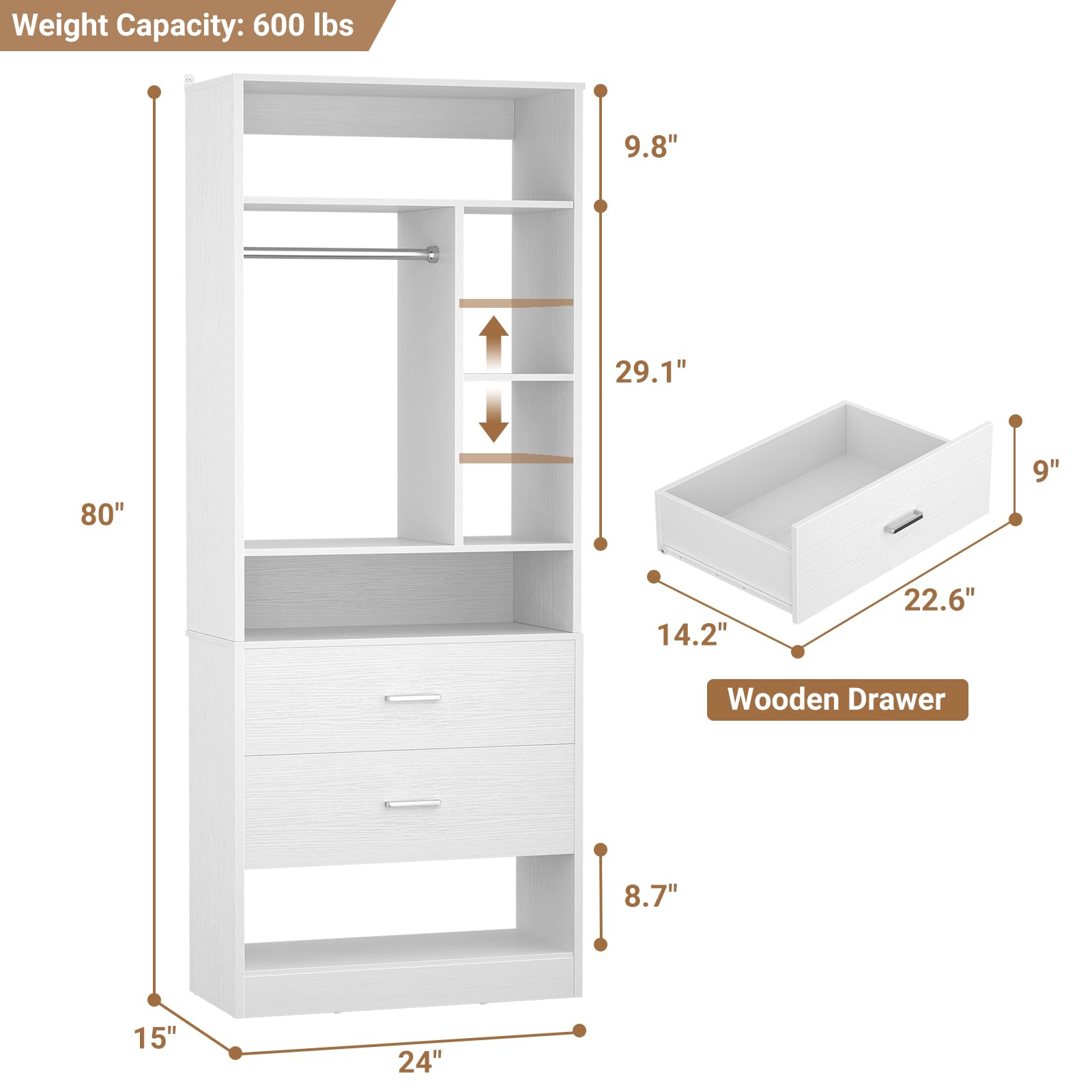 Weight Capacity: 600 lbs

- Height: 80"
- Width: 24"
- Depth: 15"
- Shelf Height: 29.1"
- Shelf Depth: 9.8"
- Drawer Height: 9"
- Drawer Width: 22.6"
- Drawer Depth: 14.2"
- Drawer Height: 8.7"
