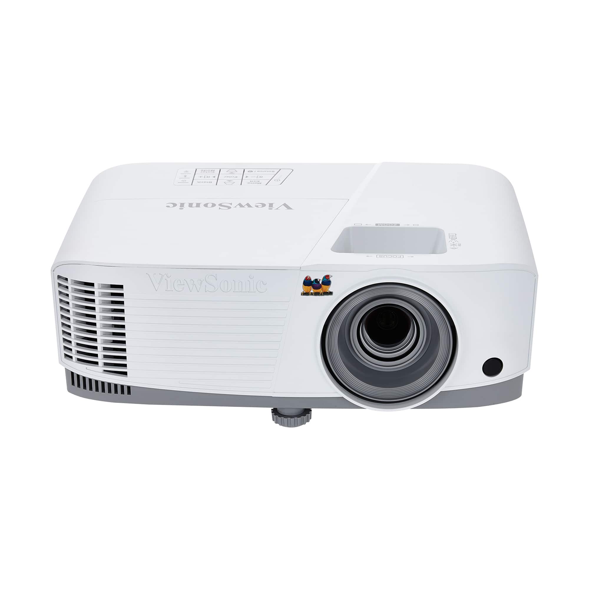 ViewSonic is a company that produces electronic devices, including projectors. The image shows a white ViewSonic projector with a lens on the front. The projector is designed to display images and videos on a screen, making it a useful tool for presentations, entertainment, or educational purposes.