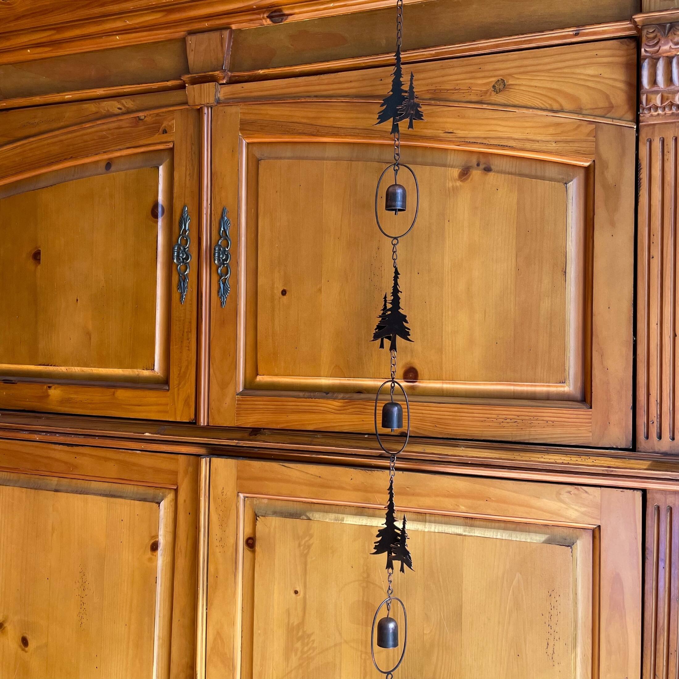 Alt View 5. Things2Die4 - 70" Metal Rain Chain - Forest Trees & Zen Bells, Aged Bronze, 3.25" Diameter - Brown.