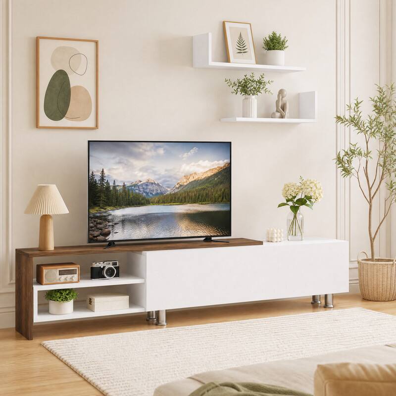 Angle. WELLFOR - Farmhouse TV Stand for 65-80 inch TV, Wood Entertainment Center with Cabinet and Compartments for Living Room - White.