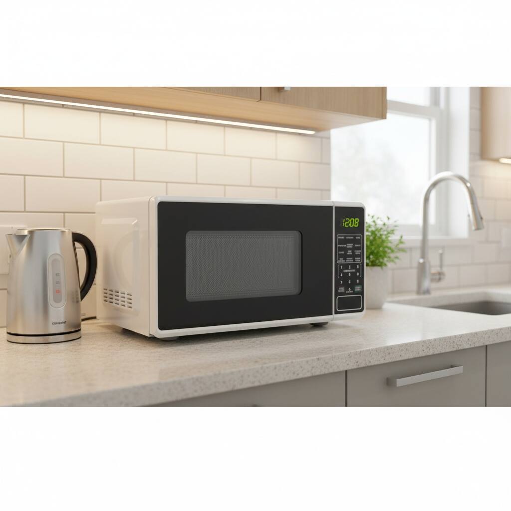 Angle. Forest'nSky - 0.7 Cu Ft 700W Countertop Microwave, Sensor Cook, Easy Clean, White - White.