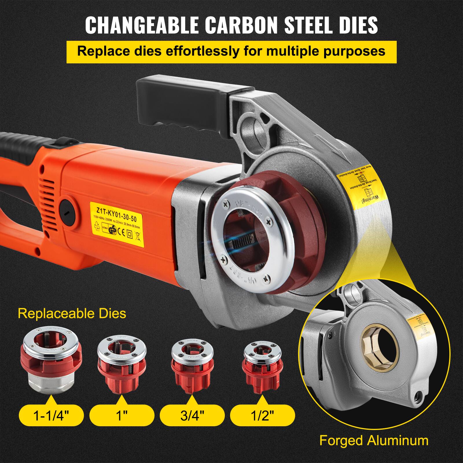 CHANGEABLE CARBON STEEL DIES  
Replace dies effortlessly for multiple purposes  

Z1T-KY01-30-50  

Replaceable Dies  
1-1/4"  
1"  
3/4"  
1/2"  

Forged Aluminum