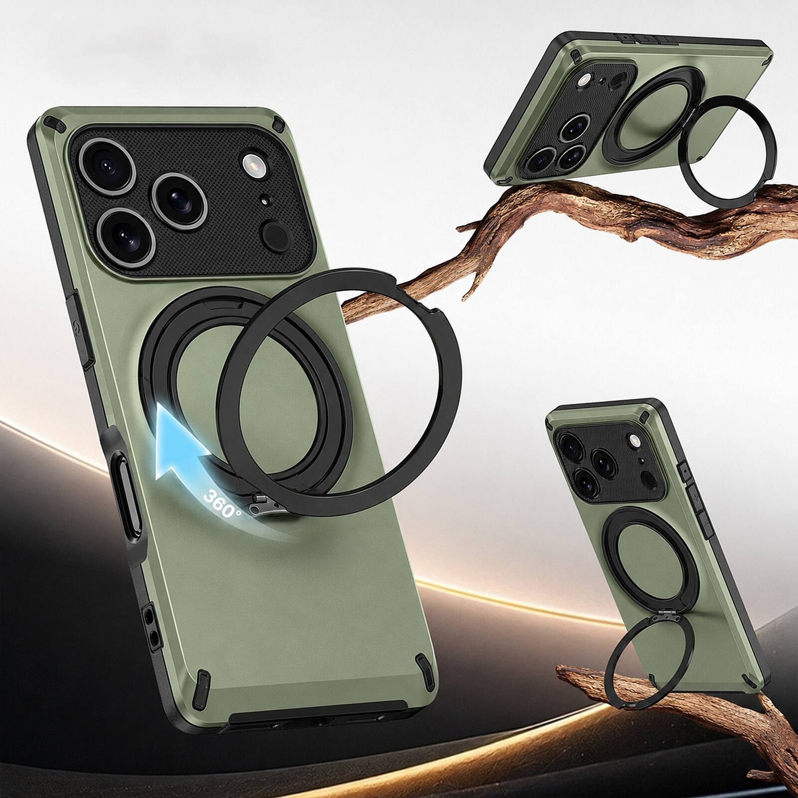 Back. UUCOVER - Magnetic Case for iPhone 17 Pro 360° Rotating Ring Stand Compatible with MagSafe Shockproof PC+TPU Protective Cover - Armygreen.