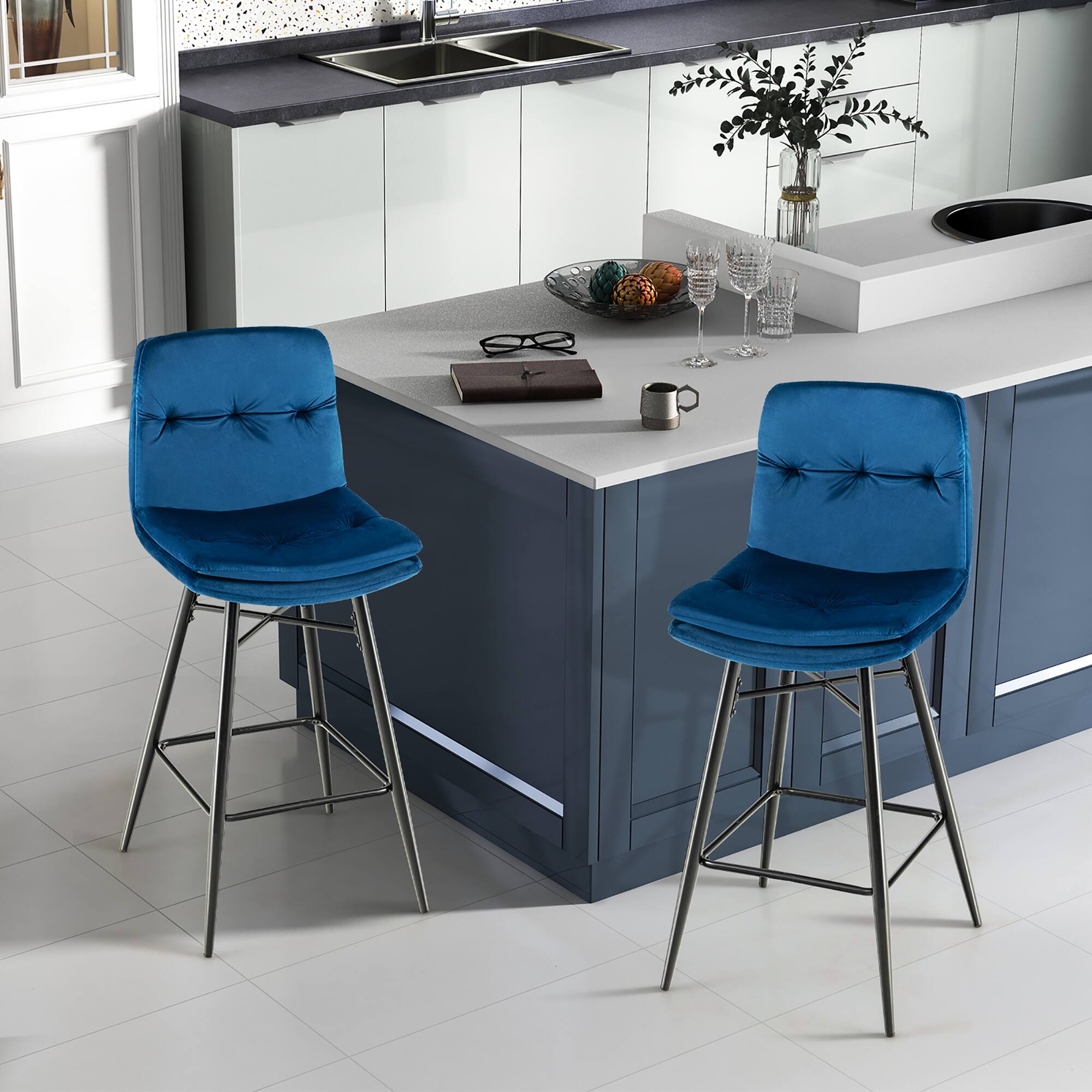 Angle. Costway - Set of 2 Velvet Bar Stools Bar Height Kitchen Dining Chairs with Metal Legs - Blue.