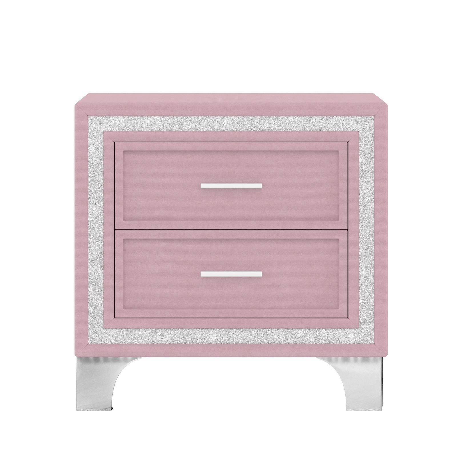 Alt View 4. Spaco - Spaco Mid Century Vintage Nightstand, Velvet 2 Drawers, Silver Glitter Strip, Metal Legs, for Bedroom - Pink.