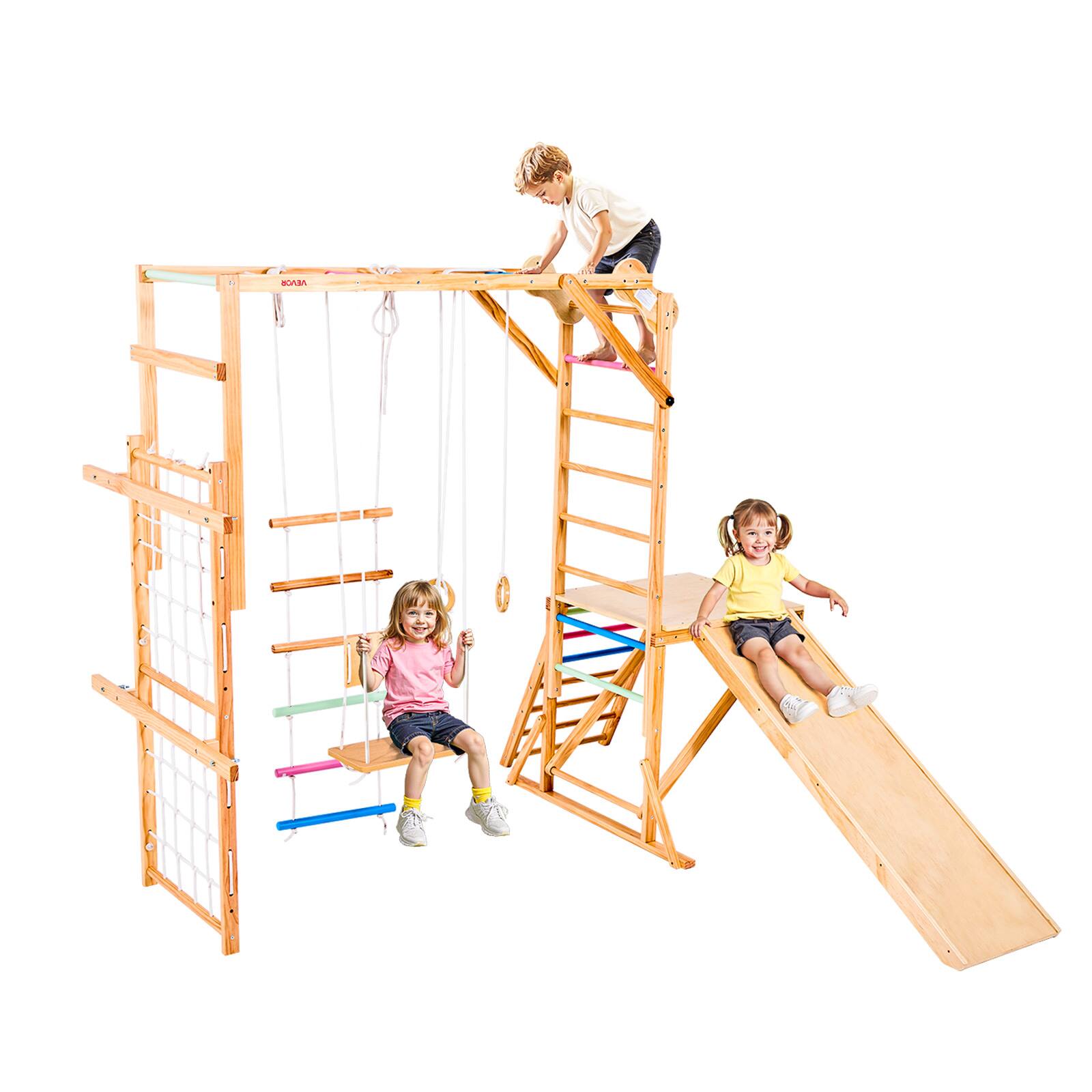 VEVOR - 8-in-1 Wooden Indoor Jungle Gym Playset, 220LBS Capacity, Montessori Climbing Toys with Swing, Slide, Monkey Bars - Wood color