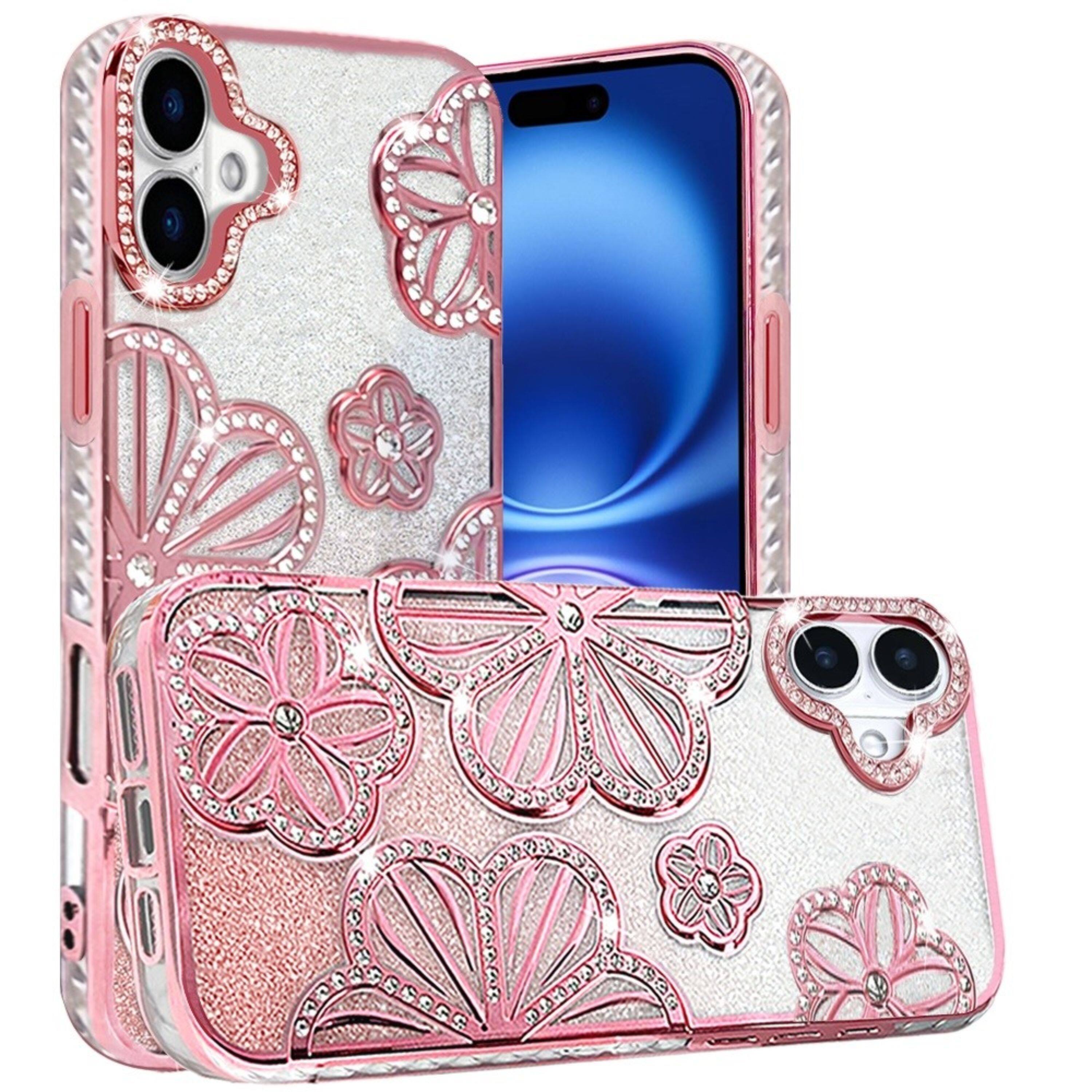 Angle. Kitcheniva - 3D Floral Glitter Phone Case With Tempered Glass For iPhone 17 Rose Gold - Rose Gold.