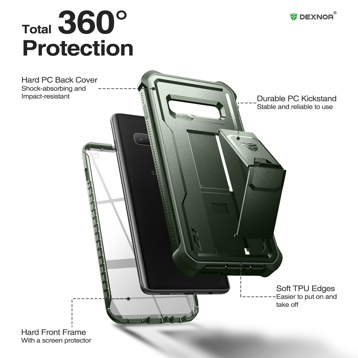 Total 360° Protection

- Hard PC Back Cover
  - Shock-absorbing and Impact-resistant

- Durable PC Kickstand
  - Stable and reliable to use

- Soft TPU Edges
  - Easier to put on and take off

- Hard Front Frame
  - With a screen protector