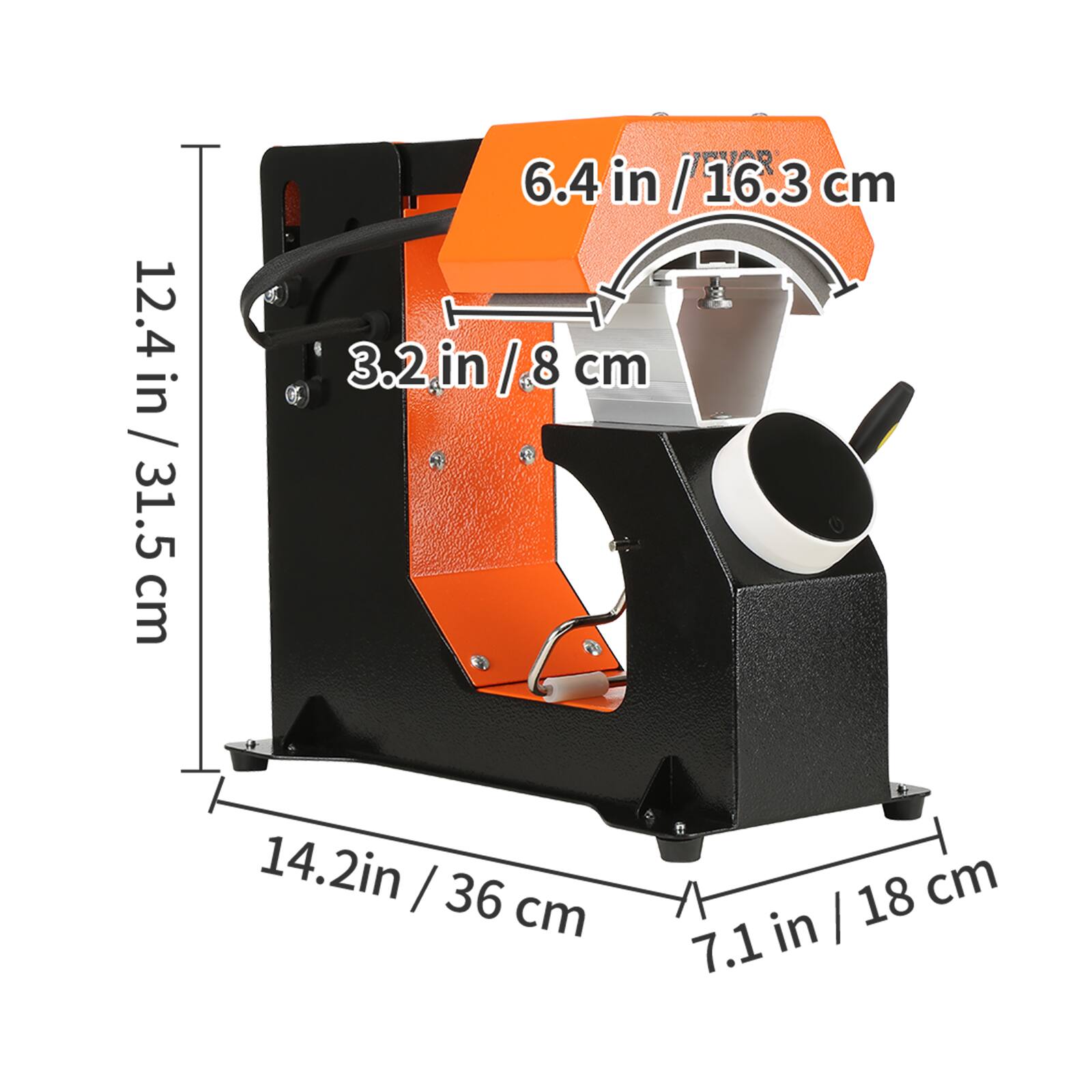 12.4 in / 31.5 cm  
HND 6.4 in / 16.3 cm  
3.2 in / 8 cm  
14.2 in / 36 cm  
7.1 in / 18 cm