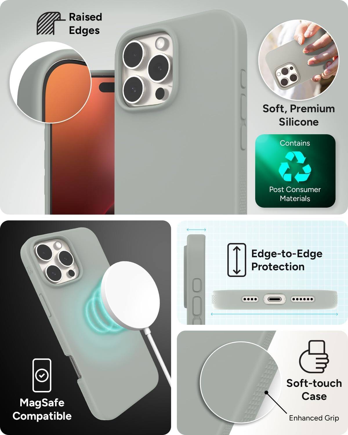 - Raised Edges
- Soft, Premium Silicone
- Contains Post Consumer Materials
- Edge-to-Edge Protection
- MagSafe Compatible
- Soft-touch Case
- Enhanced Grip
