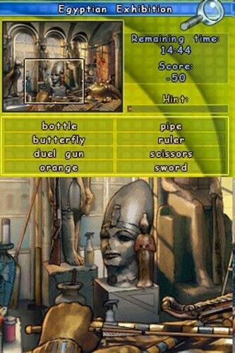 Egyptian Exhibition  
Remaining time: 14:44  
Score: -50  

Hint:  
bottle  
butterfly  
duel gun  
orange  
pipe  
ruler  
scissors  
sword