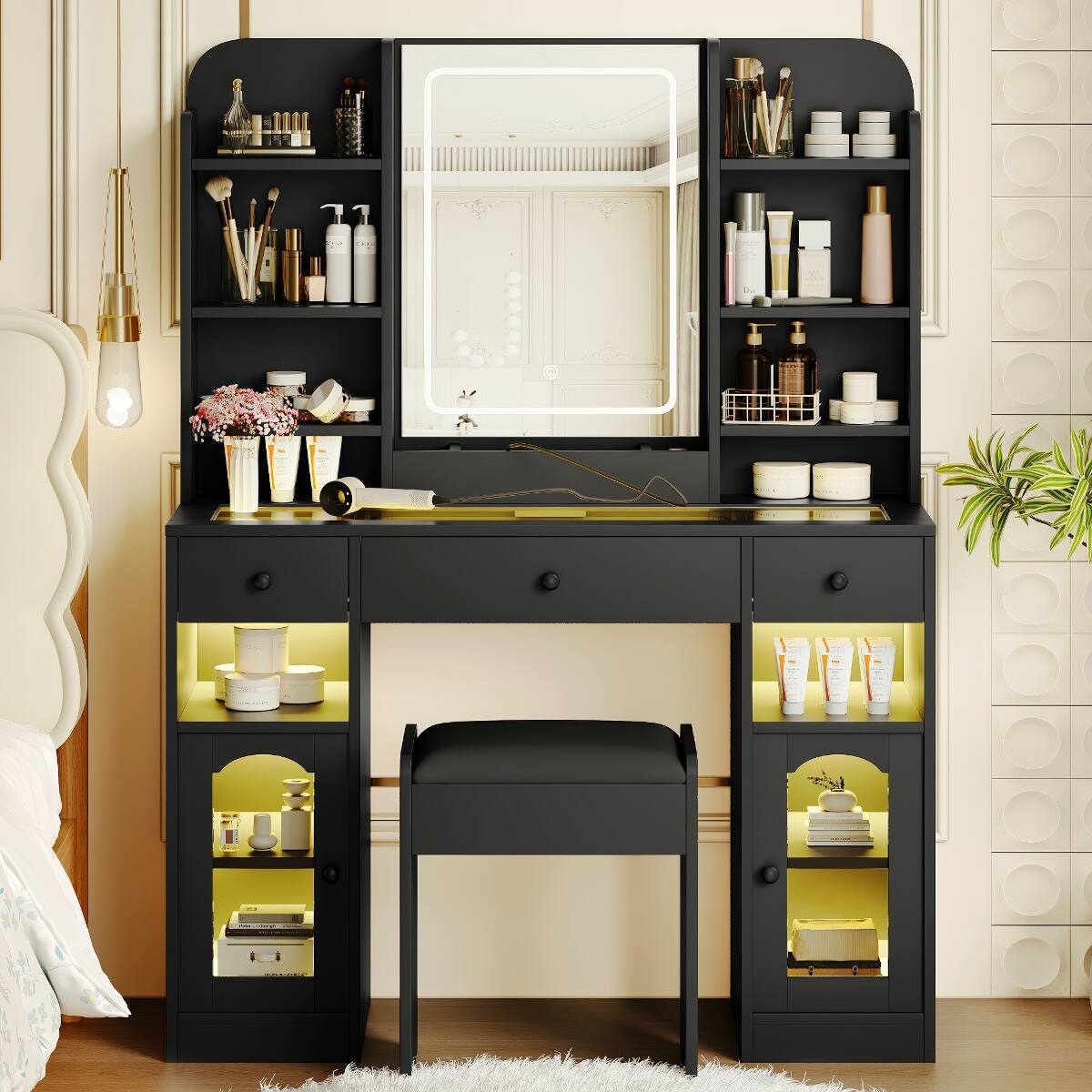 Angle. Loheer - Loheer Vanity Desk with LED Mirror, RGB Glass Cabinets, Three Drawers, Storage Shelves and Stool, 43.2 Inch Black - Black.