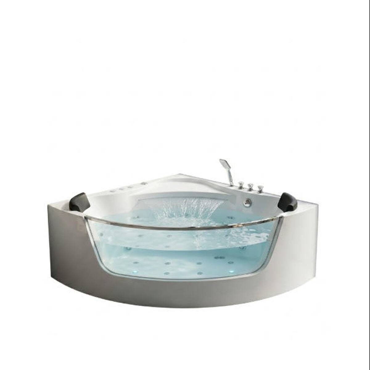 Left. Loheer - Loheer Corner Whirlpool Bathtub for Two with Waterfall Faucet, Acrylic Jetted Spa Tub with LED Air Jets - White.