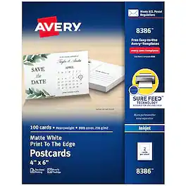 Avery - Postcards, Matte Print to the Edge, 4" x 6", Inkjet, 100/Pack (08386) - White