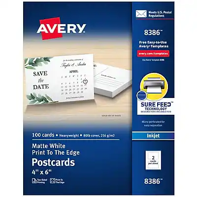 AVERY
Meets U.S. Postal Regulations 8386
Free Easy-to-Use Avery Templates
avery.com/templates
SAVE THE DATE
APRIL
100 cards • Heavyweight • 80lb cover, 216 g/m2
Matte White
Print To The Edge
Postcards
4" x 6"
SURE FEED TECHNOLOGY
DESIGNED FOR Micro easy for 100 cards
Heavyweight
Easy Registration
Inkjet
8386