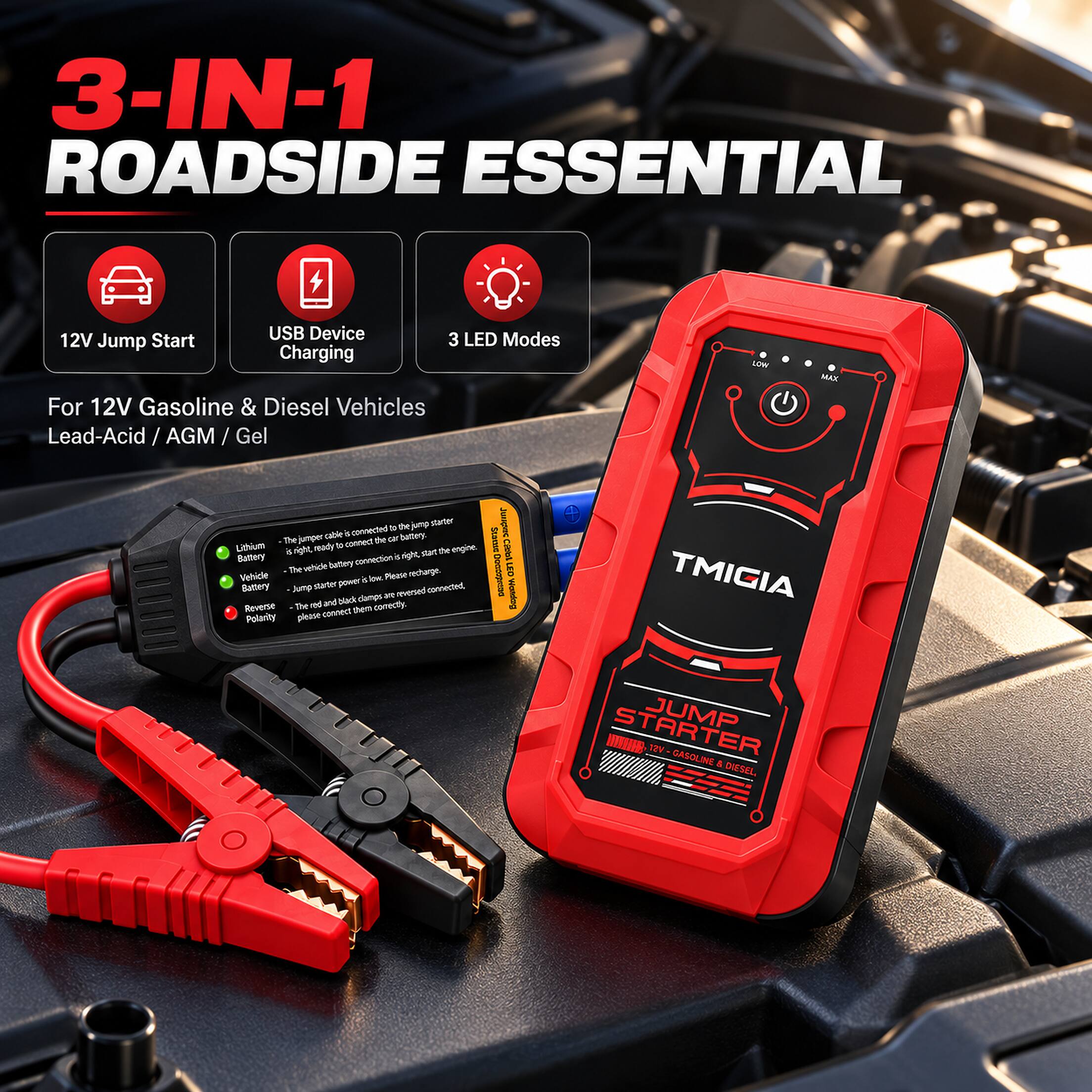 AMUMU 3 in 1 Portable Lithium Car Jump Starter 44.4Wh 12V Battery ...