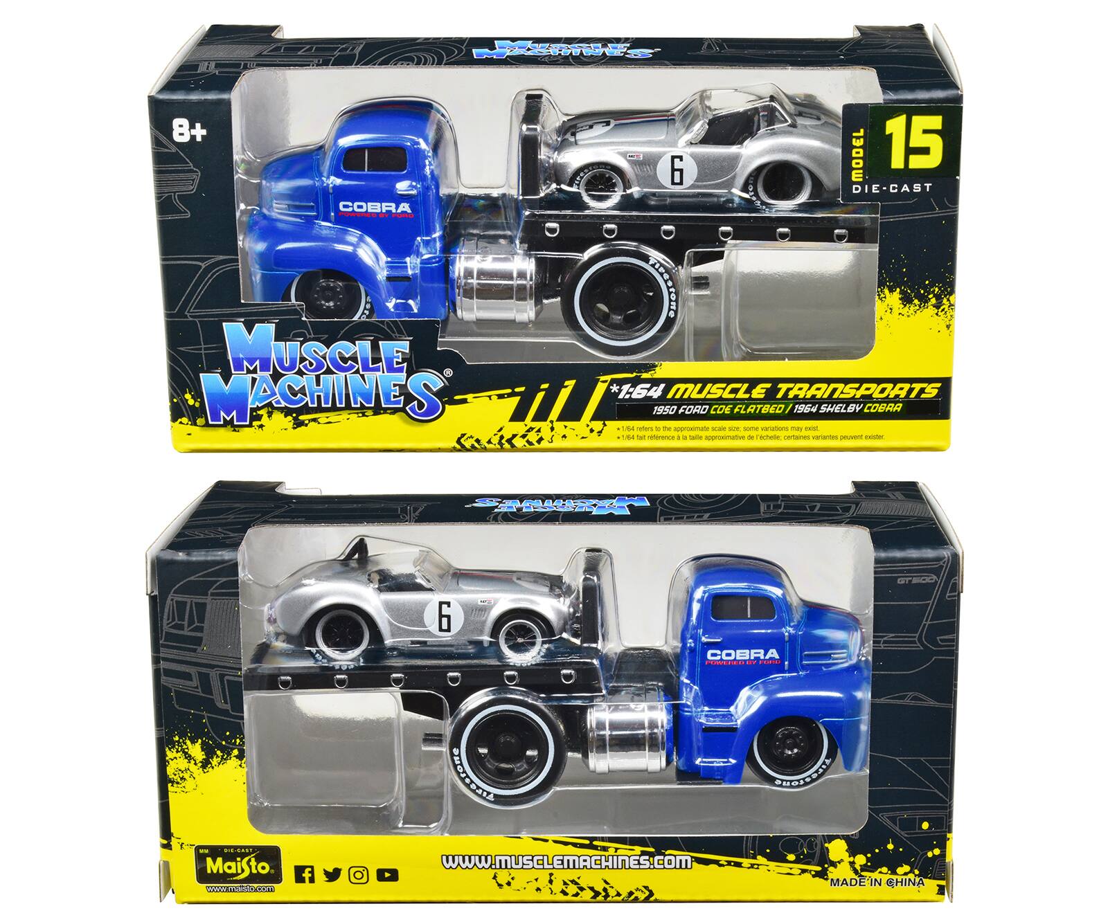 Sure, here is the corrected and grouped text from the image:

---

**Muscle Machines**

**1:64 Muscle Transports**

- 1950 Ford CDE Flatbed
- 1964 Shelby Cobra

**Model 15**
- Die-Cast

**Cobra**

**Made in China**

**www.musclemachines.com**

**Majito**
- www.majito.com

**8+**

**GT300**

**1:64 scale**

**1:64 scale is the appropriate scale. Some variations may appear.**

**MADE IN CHINA**

---

This text is organized to reflect the information presented on the packaging.