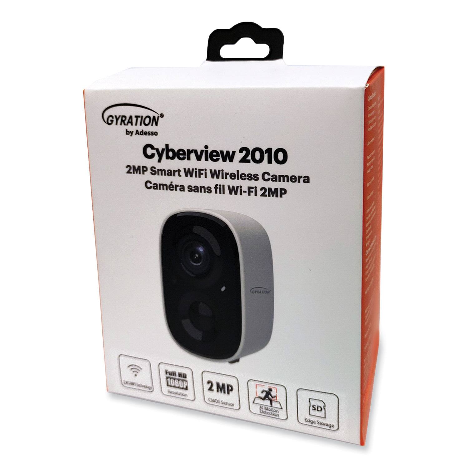 GYRATION by Adesso  
CyberView 2010  
2MP Smart WiFi Wireless Camera  
Caméra sans fil Wi-Fi 2MP  

- Full HD 1080P  
- 2 MP CMOS Sensor  
- AI Motion Detection  
- SD Edge Storage