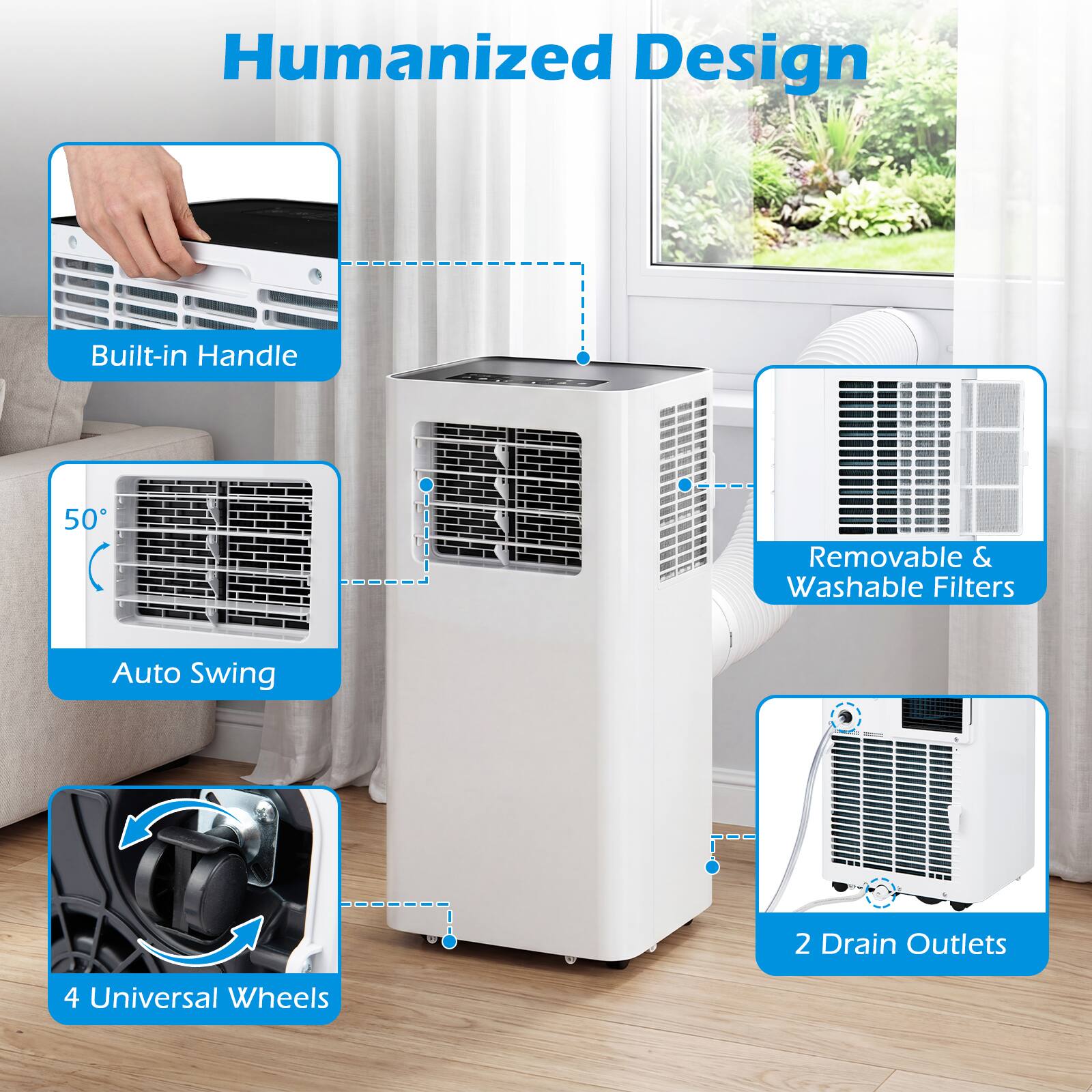 Humanized Design  
Built-in Handle  
50 Removable & Washable Filters  
Auto Swing  
2 Drain Outlets  
4 Universal Wheels