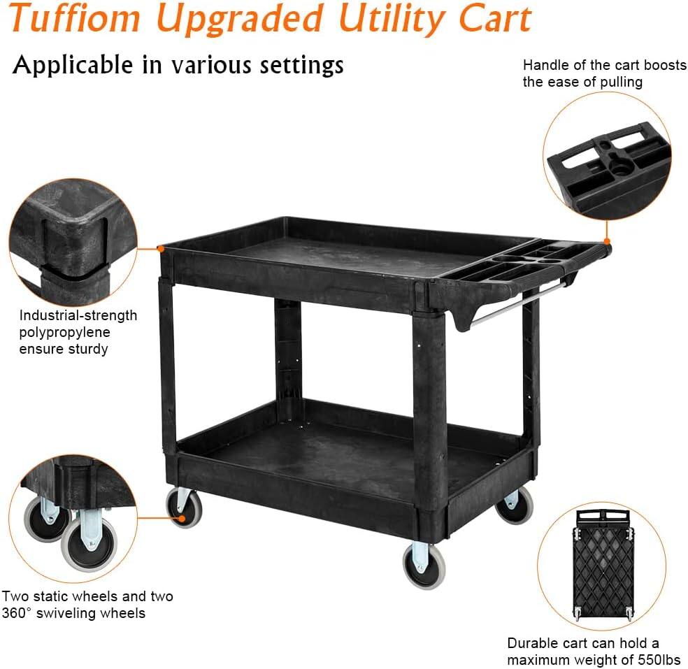 Tuffiom Upgraded Utility Cart

Applicable in various settings

- Handle of the cart boosts the ease of pulling
- Industrial-strength polypropylene ensures sturdy
- Two static wheels and two 360° swiveling wheels
- Durable cart can hold a maximum weight of 550lbs