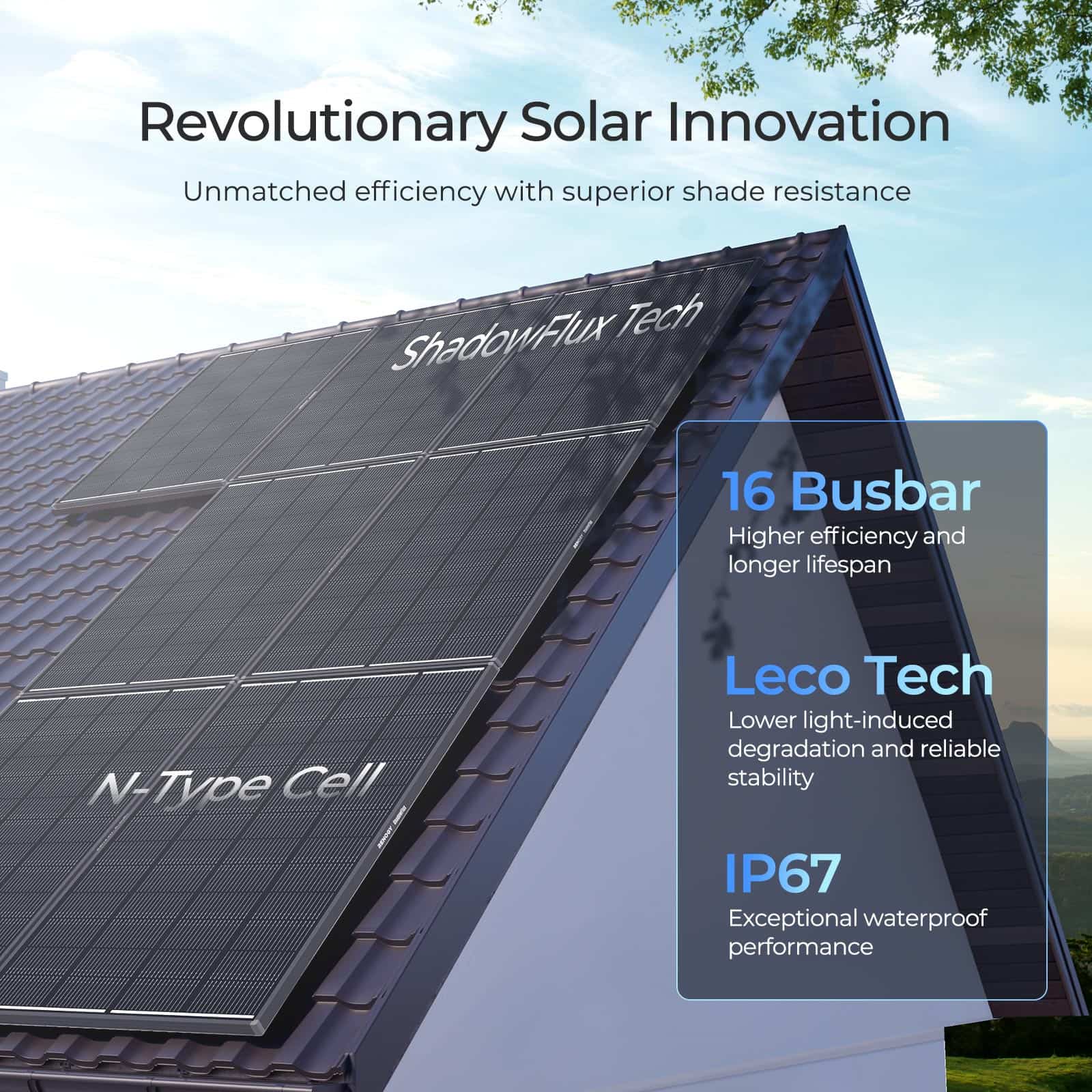 Revolutionary Solar Innovation
Unmatched efficiency with superior shade resistance

ShadowFlux Tech
16 Busbar
Higher efficiency and longer lifespan
N-Type Cell
Leco Tech
Lower light-induced degradation and reliable stability
IP67
Exceptional waterproof performance