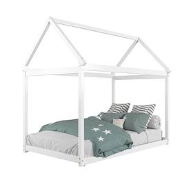 Costway - Twin House Bed Wood Frame w/ Roof for Kids Toddler No Box Spring - White