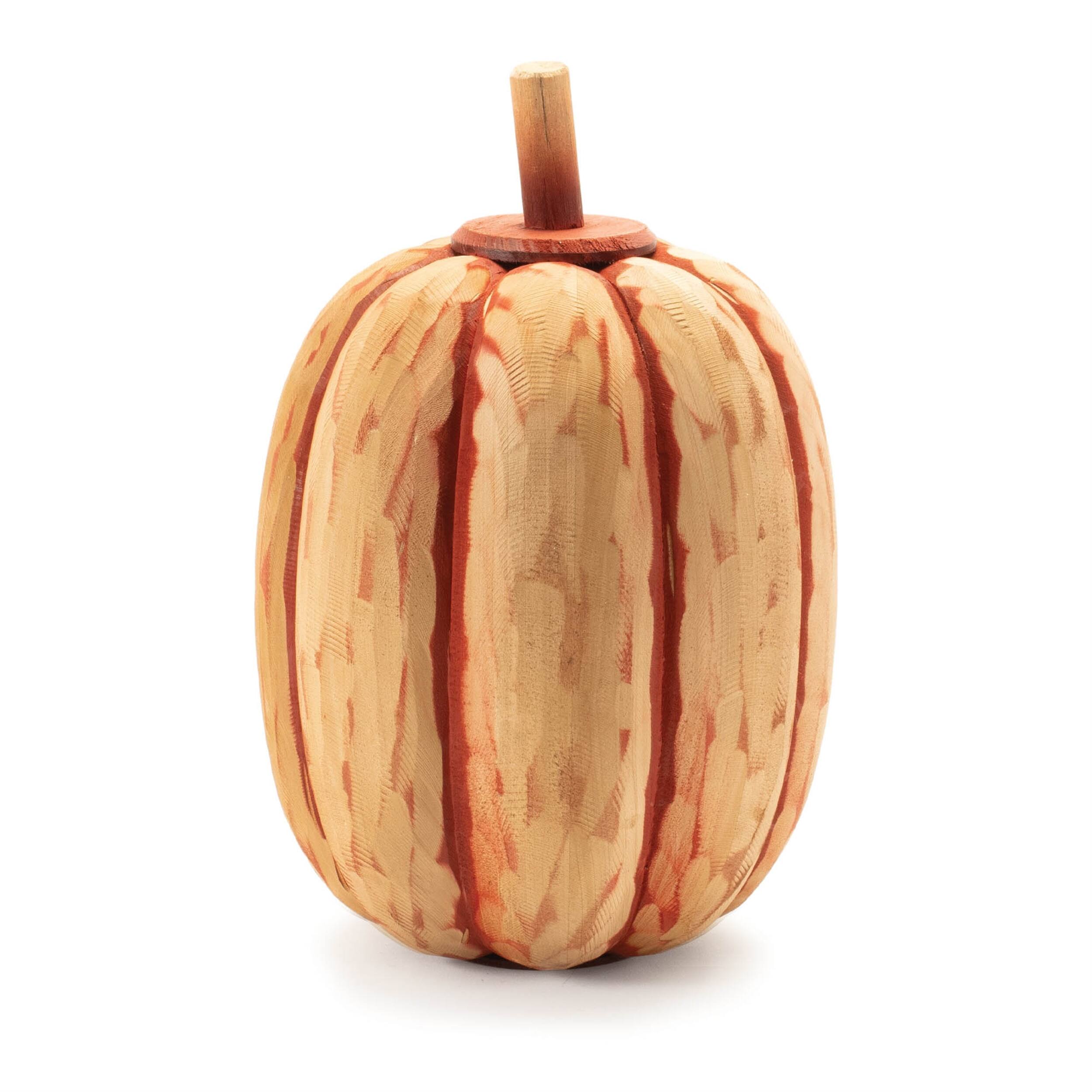 Angle. BreeBe - Carved Fir Wood Pumpkin Decor (Set of 2) - Orange.