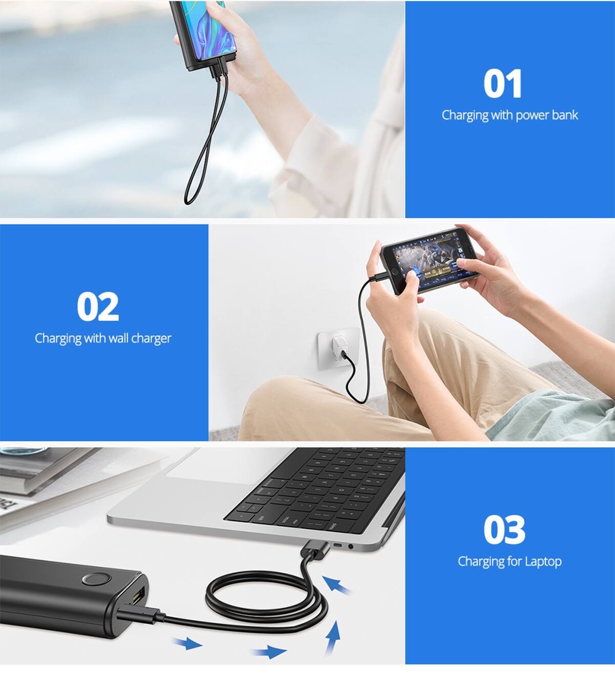 01 Charging with power bank
02 Charging with wall charger
03 Charging for Laptop