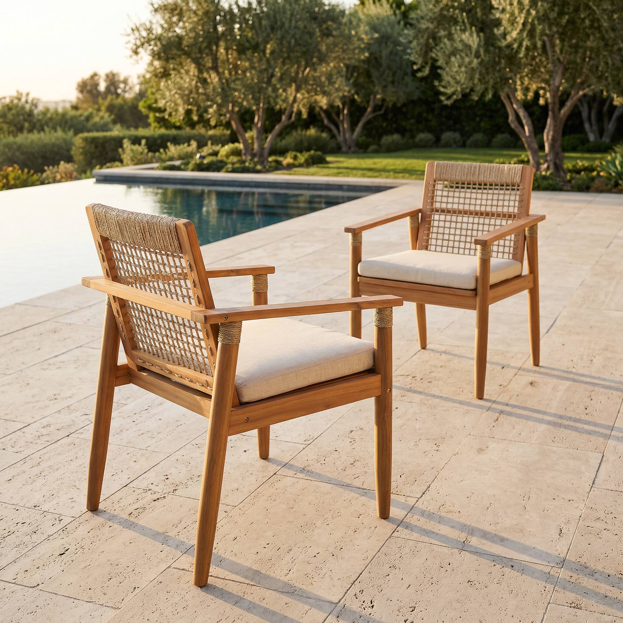 Front. Whisen - Set of 2 Outdoor Acacia Wood Dining Chairs with Rope Woven Back, Patio Armchairs with Washable Cushions - Teak | Beige.