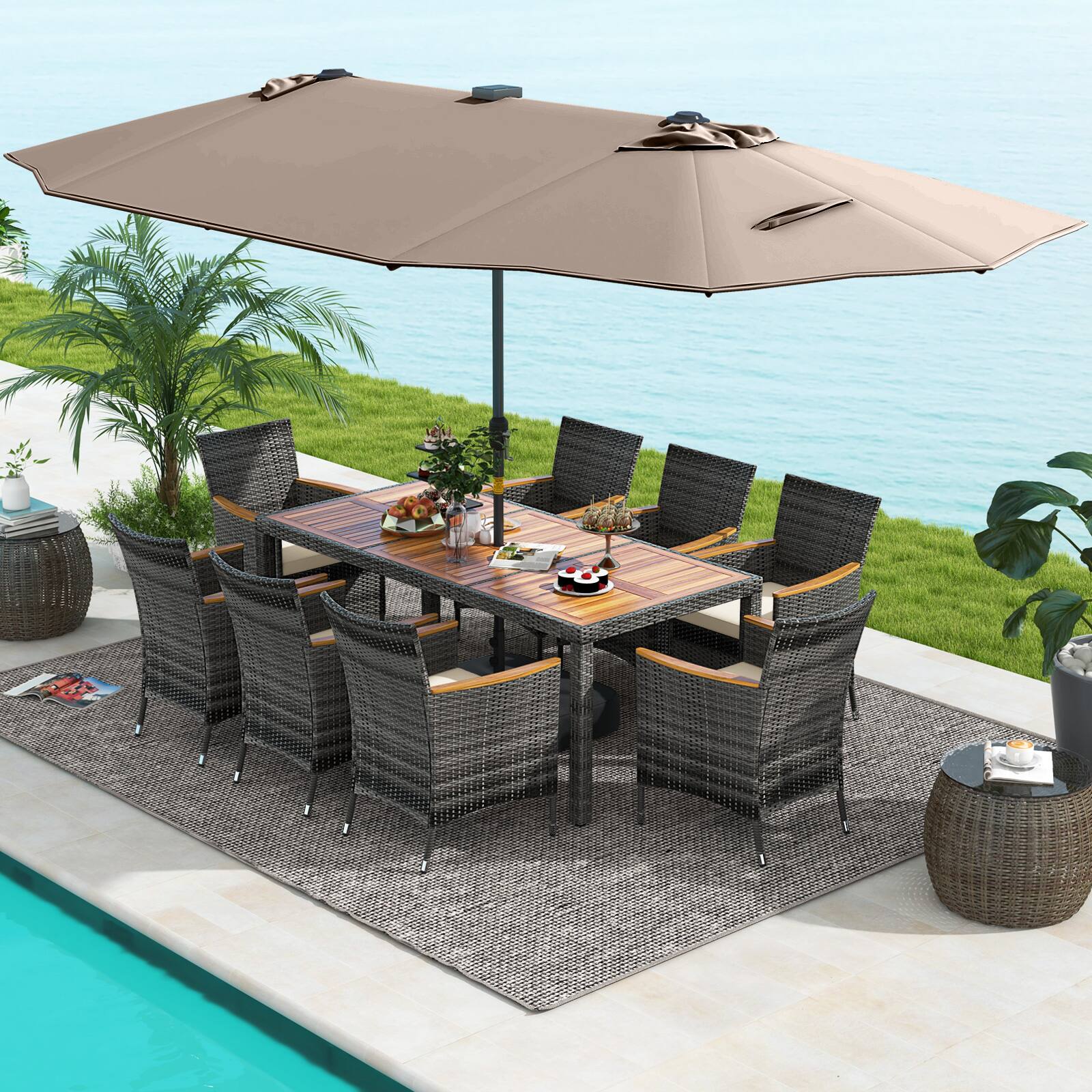 Alt View 3. Costway - 11 PCS Patio Dining Set with 15 ft Double-Sided Patio Umbrella 8 Armchairs - Mix Gray,Beige,Tan.
