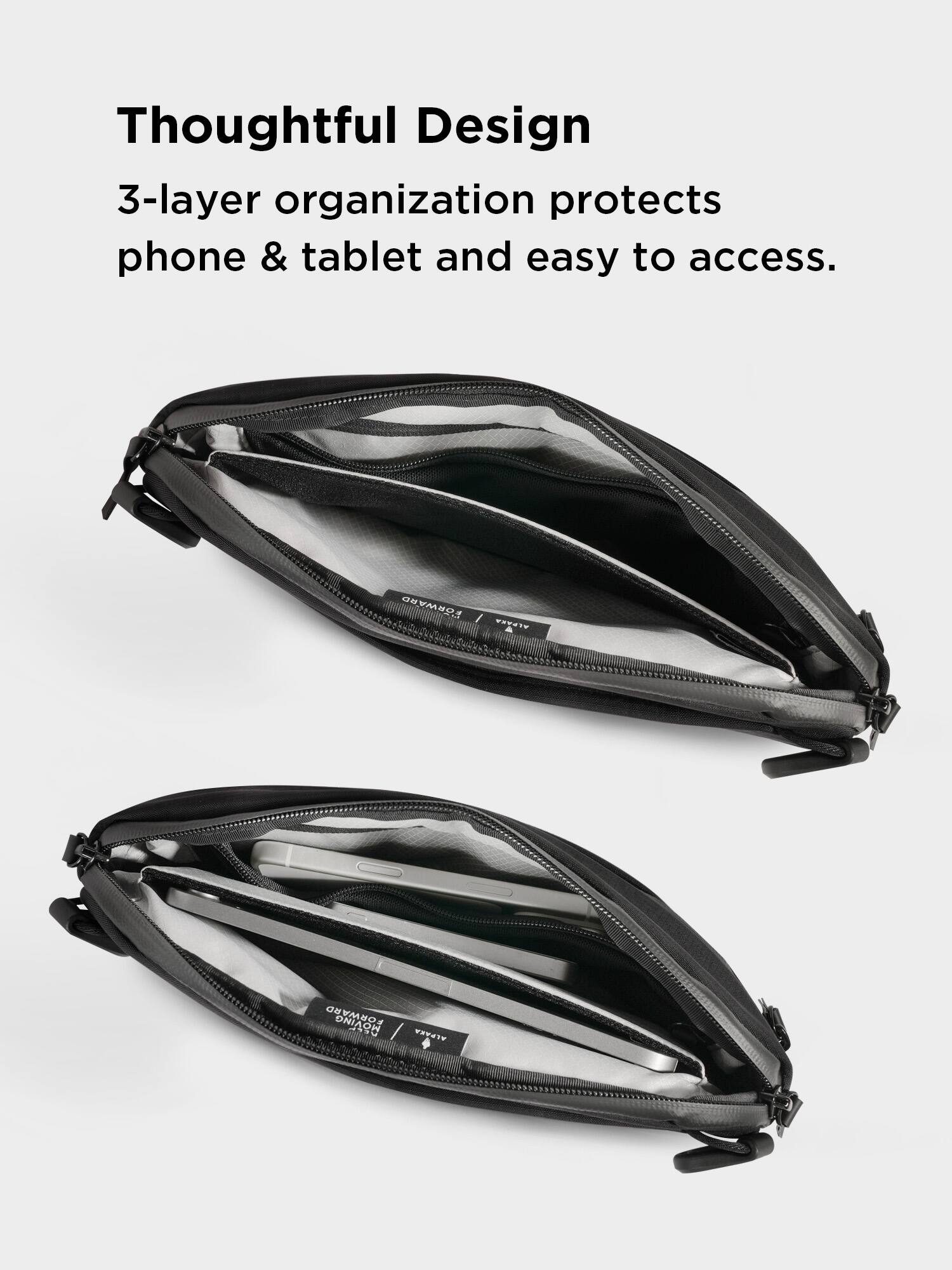 Thoughtful Design  
3-layer organization protects phone & tablet and easy to access.