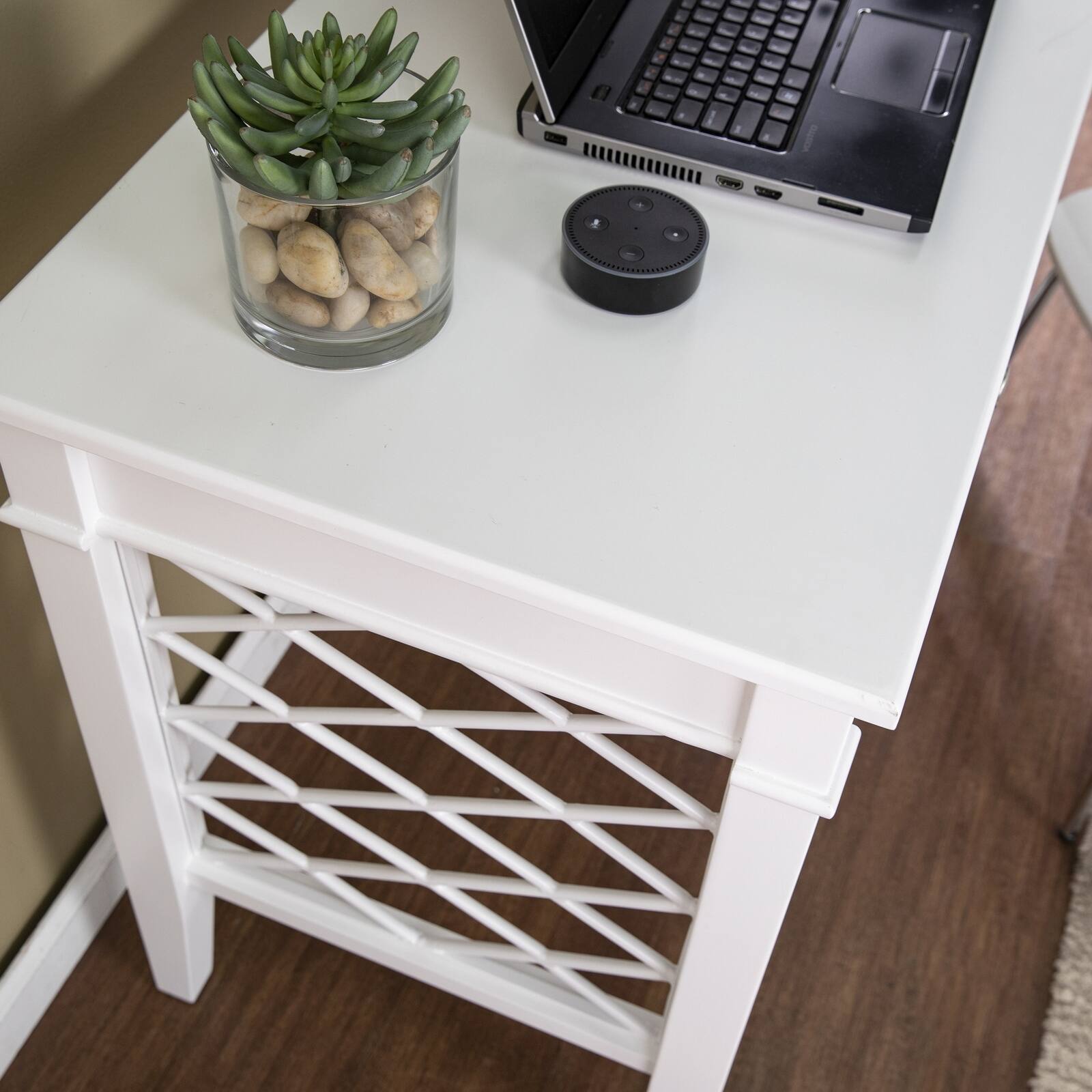 Back. Spaco - Spaco Writing Desk with 2 Drawers, Lattice Sides, Brushed Nickel Hardware, Transitional Home Office - White.