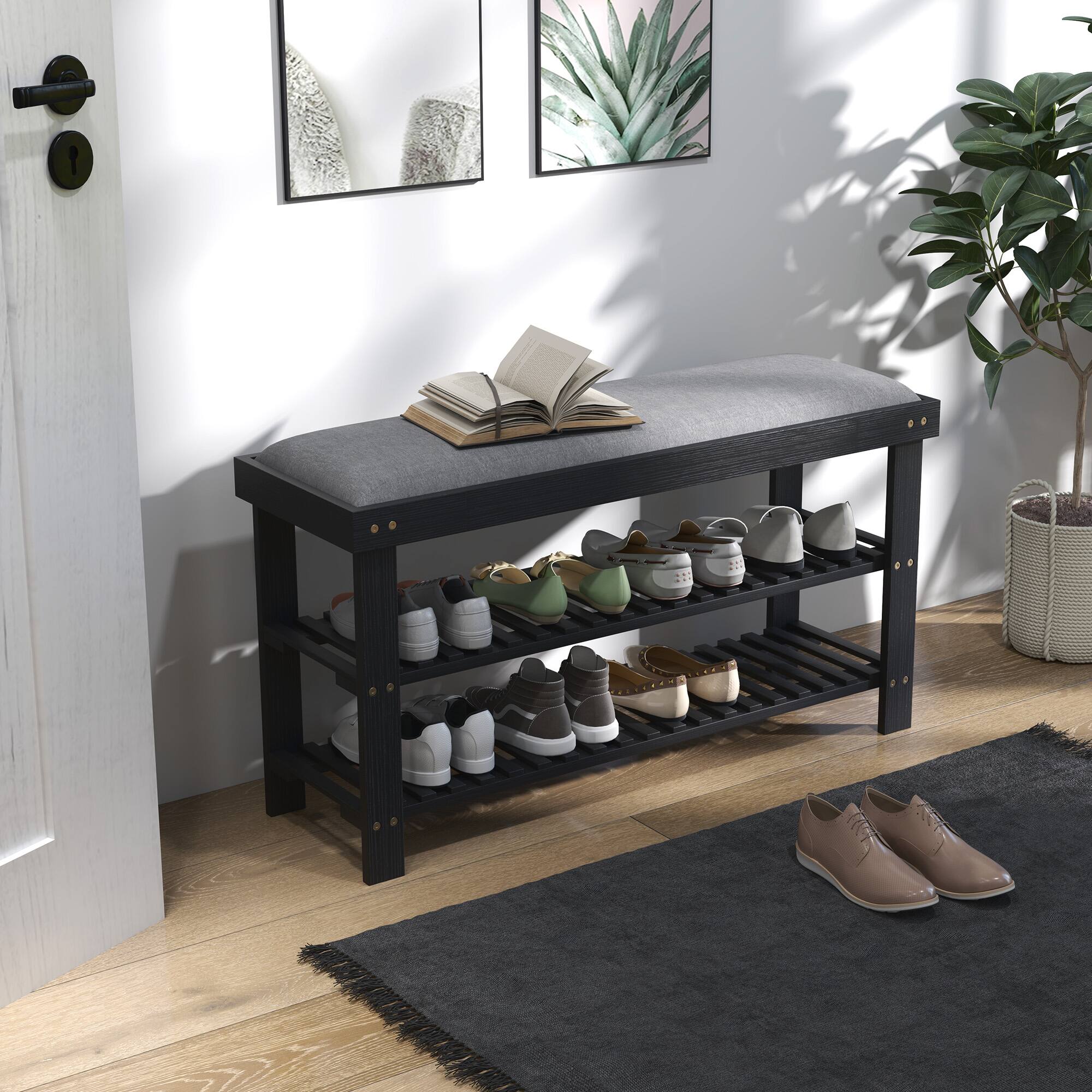 Alt View 1. Homcom - Bamboo Shoe Bench, 3-Tier Entryway Bench with Storage and Cushion, Shoe Organizer for Entryway, Hallway - Black.