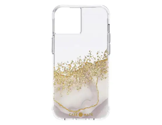 The image features a white case with a gold design on the back. The case is designed by Case Mate and is available in various colors. The case is made of clear plastic, allowing the gold design to be visible. The case is designed to protect the phone and add a touch of elegance to the device.