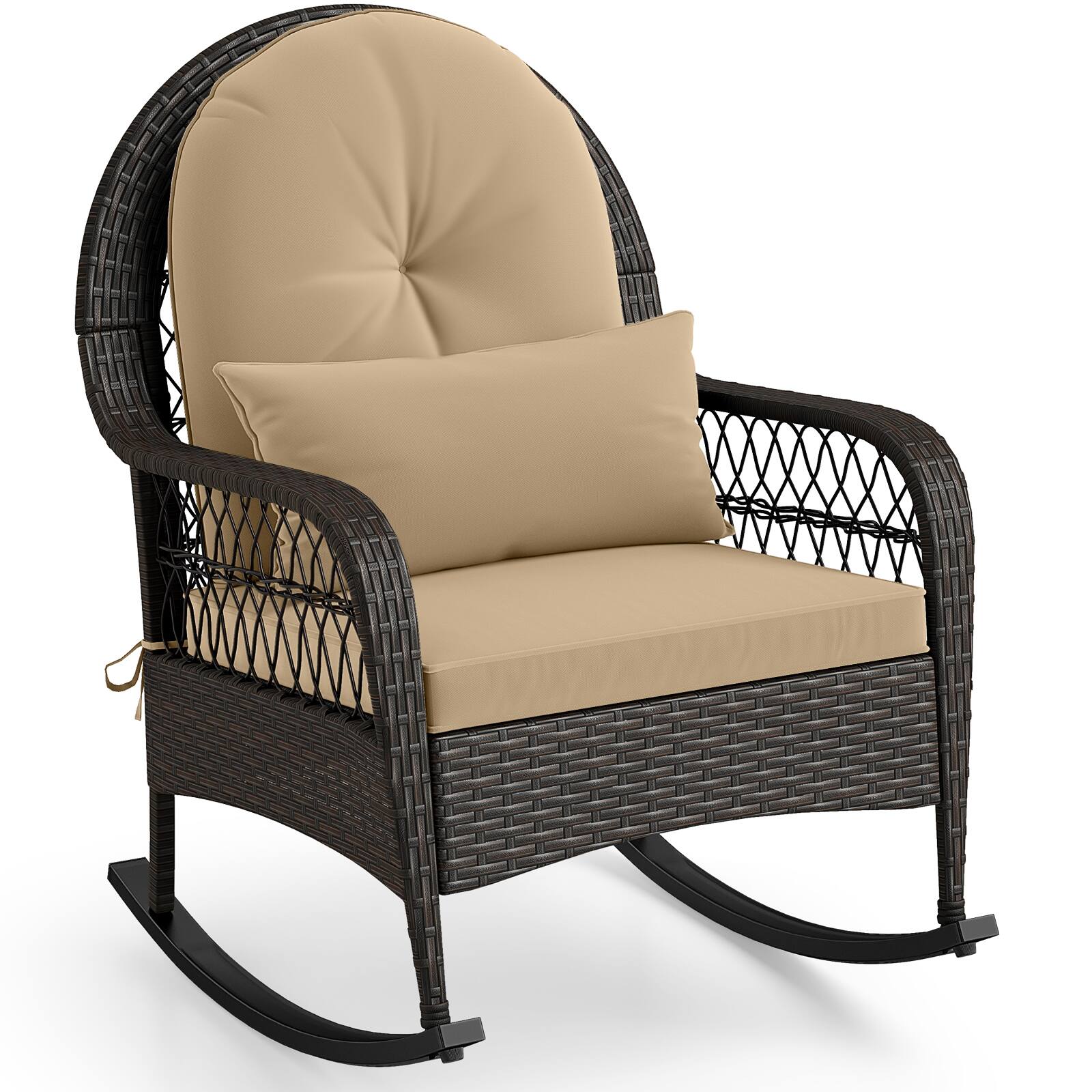 Alt View 9. Costway - Costway Outdoor Wicker Rocking Chair with Waist Pillow & Soft Removable Cushions for Garden - Mix Brown + Beige.