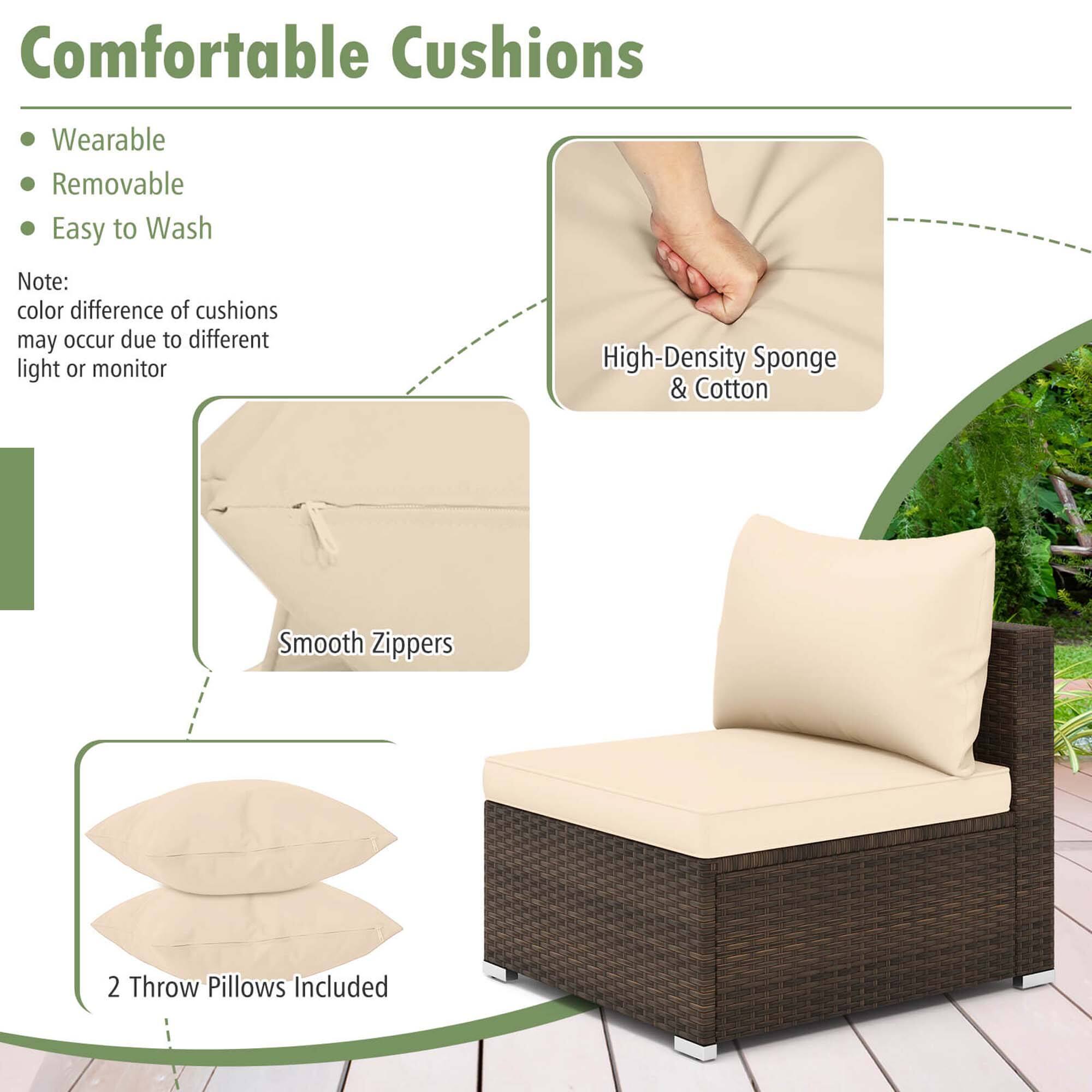 Comfortable Cushions: Wearable, Removable, Easy to Wash. Note: Color difference of cushions may occur due to different light or monitor. High-Density Sponge & Cotton. Smooth Zippers. 2 Throw Pillows Included.