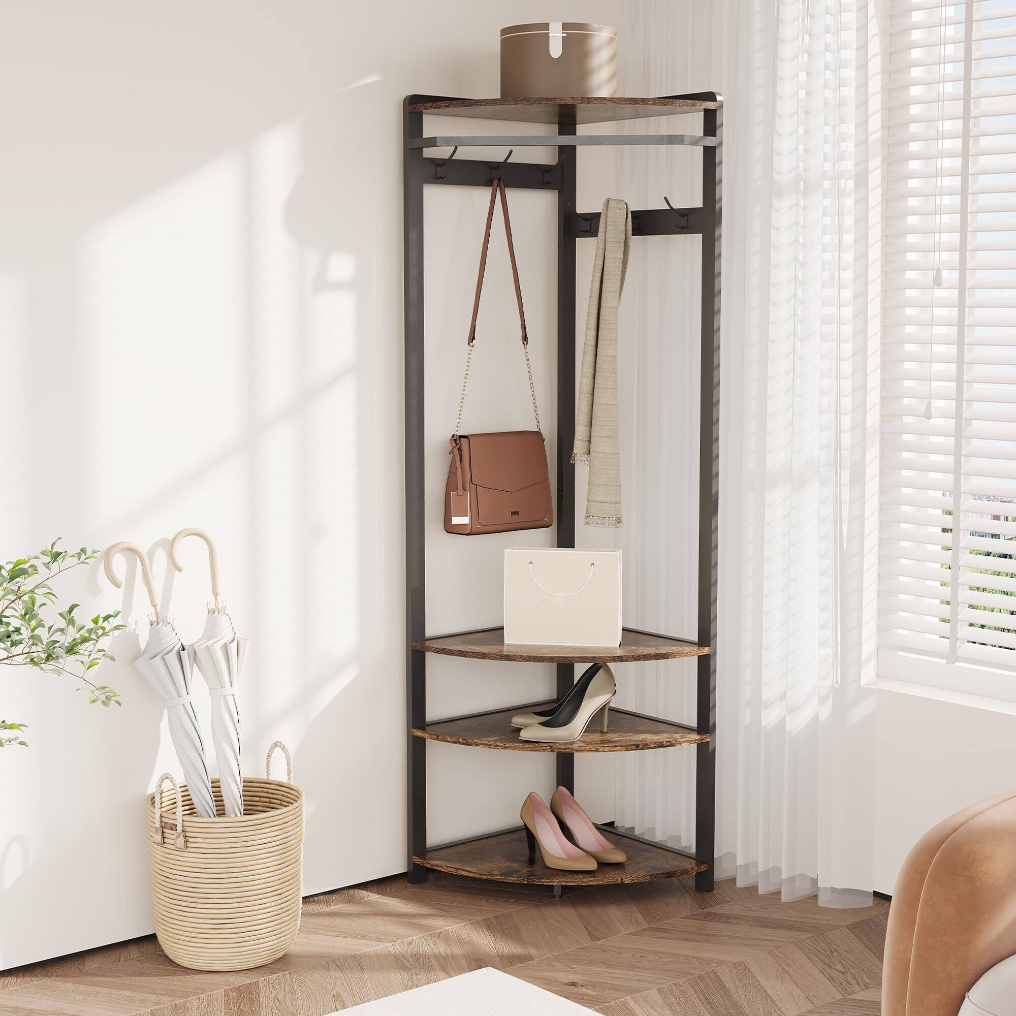 Acekool - Corner Coat Rack with Shoe Bench Entryway and 6 Double Hooks, Corner Hall Tree - Corner Clothes Rack - Brown