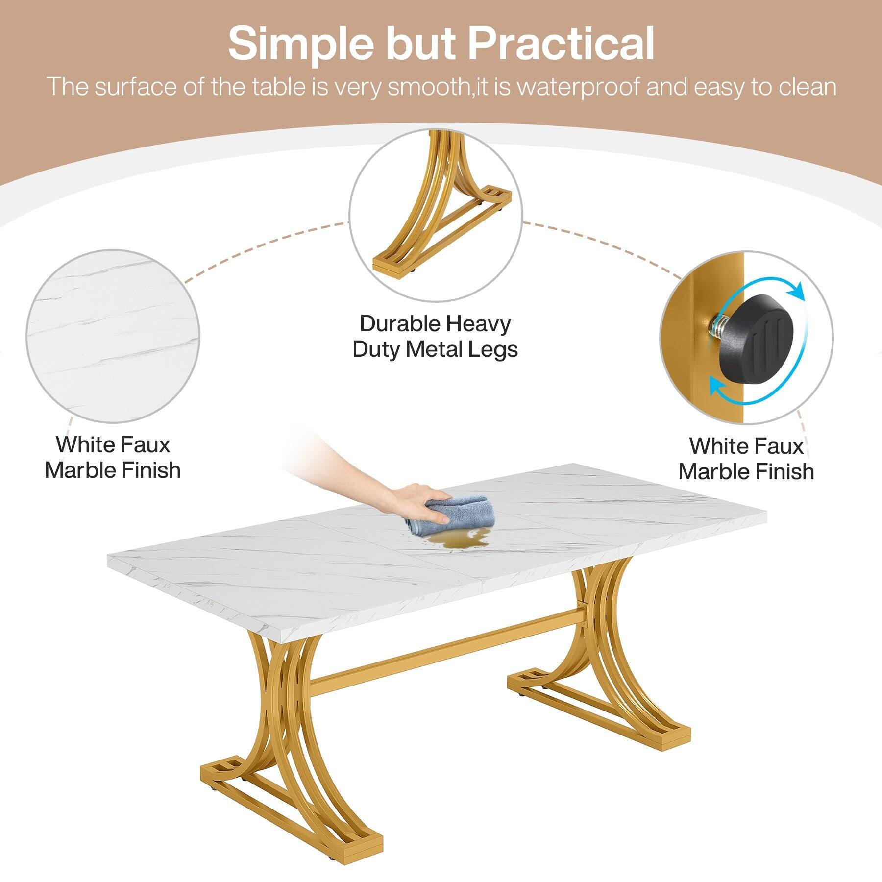 Simple but Practical  
The surface of the table is very smooth, it is waterproof and easy to clean  
Durable Heavy Duty Metal Legs  
White Faux Marble Finish