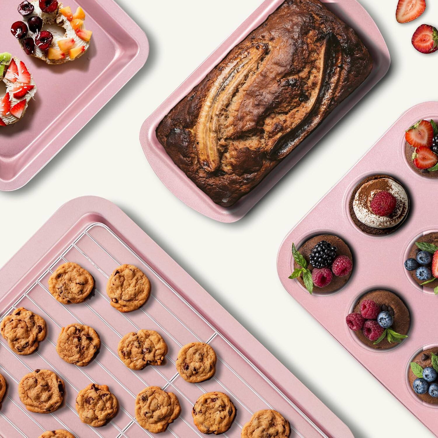 Alt View 1. KITESSENSU - Nonstick Bakeware Sets 7-Piece with Round/Square Cake Pan, Loaf Pan, Muffin Pan, Cookie Sheet, Roast Pan, Cooling Rack - pink.