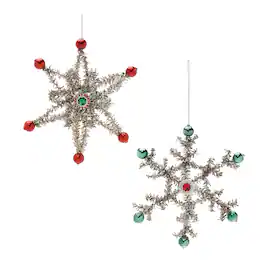 BreeBe - Jeweled Tinsel Snowflake Ornament (Set of 12) - Silver, Green, Red
