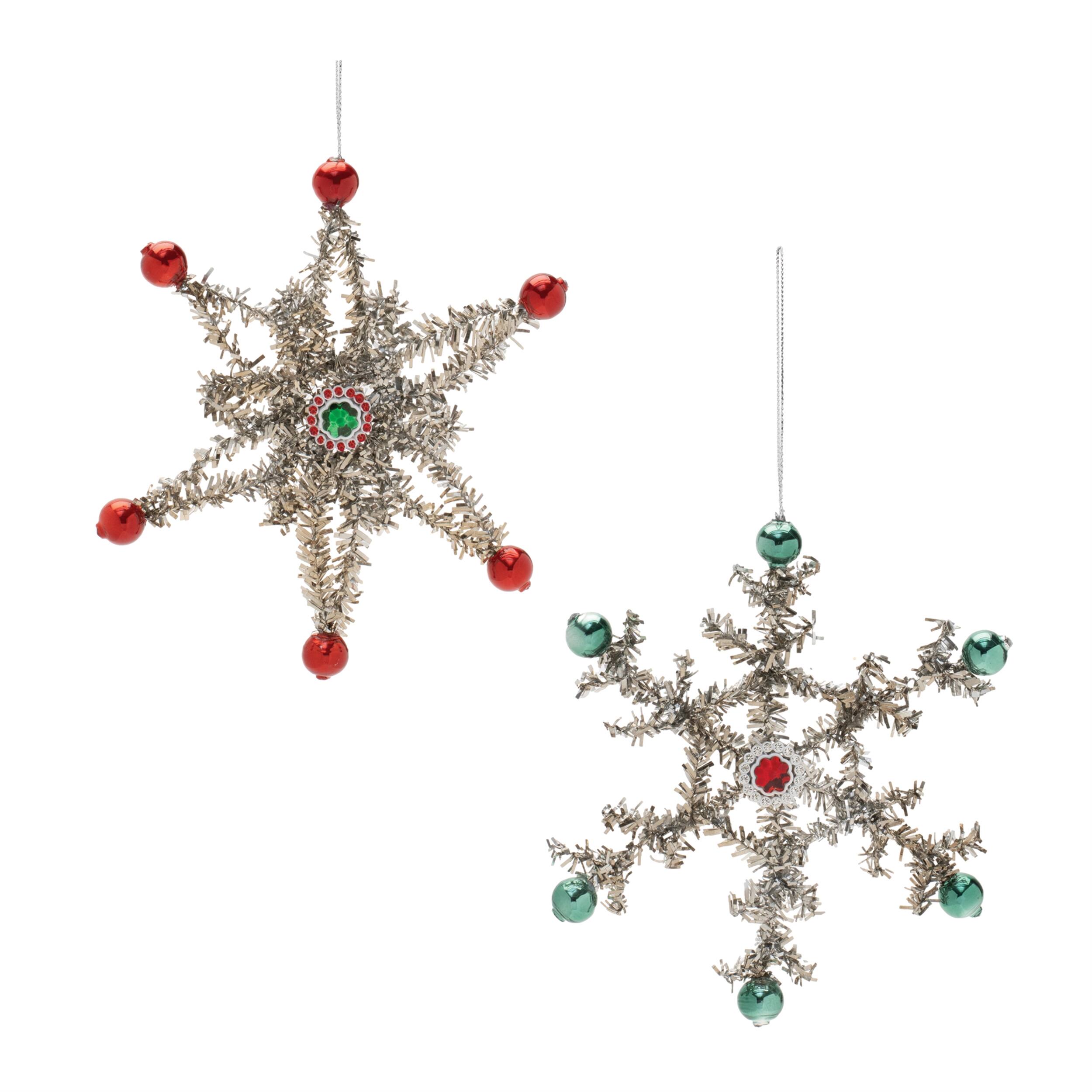 Front. BreeBe - Jeweled Tinsel Snowflake Ornament (Set of 12) - Silver, Green, Red.