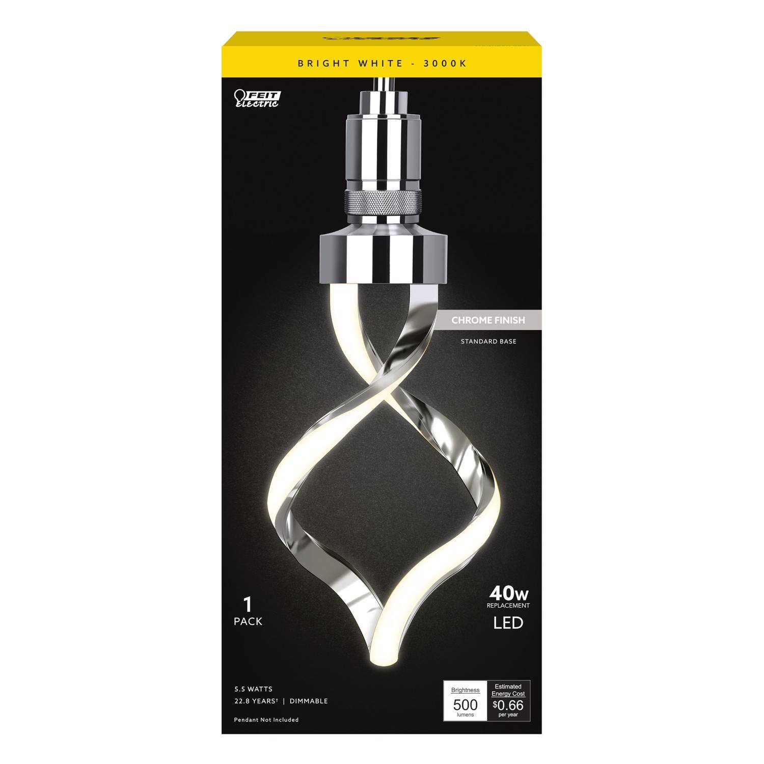 BRIGHT WHITE - 3000K  
FEIT Electric  
CHROME FINISH  
STANDARD BASE  
1 PACK  
40W REPLACEMENT LED  
5.5 WATTS  
22.8 YEARS*  
DIMMABLE  
Pendant Not Included  

Estimated Energy Cost: $0.66 per year