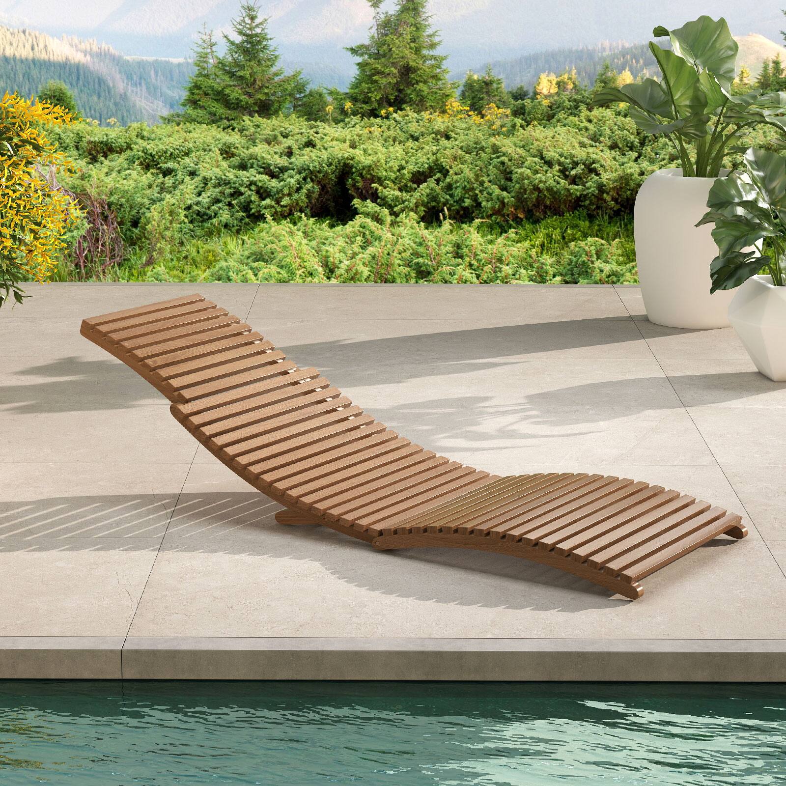 Alt View 1. Gymax - Gymax Outdoor Folding Teak Wood Chaise Lounge Chair w/Curved Lying Area for Poolside - Brown.
