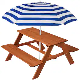 Best Choice Products - Outdoor Wooden Kids Picnic Table with Umbrella, Activity Table, 220 lb Capacity - Golden Brown/Navy