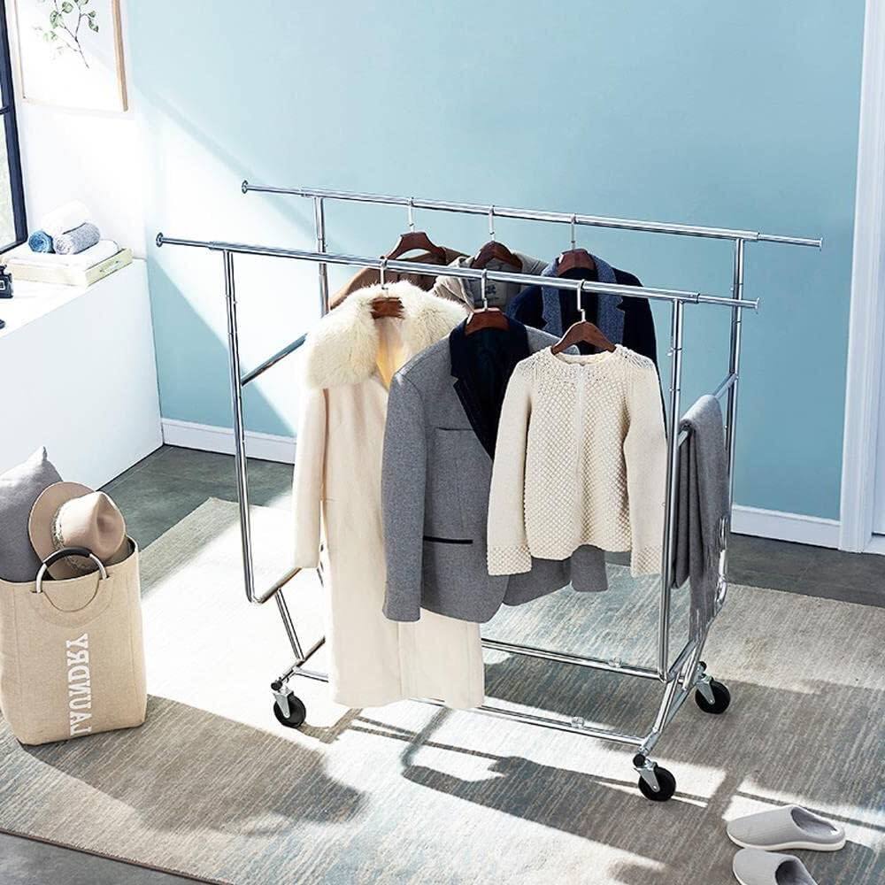 Back. Hivvago - Heavy Duty Double Bar Clothes Hanging Garment Rack on Lockable Wheels - Silver.