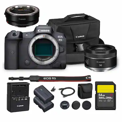 Canon EOS R5 Camera Kit
- Canon EOS R5 Camera Body
- Canon EF-EOS R Mount Adapter
- Canon EF 50mm f/1.8 STM Lens
- Canon SP-G6ET Strap
- Canon 64GB SF-G641 UHS-II V90 SD Card
- Canon LP-E6N Battery
- Canon Battery Charger
- Canon USB Cable
- Canon Lens Hood
- Canon Lens Cap
- Canon Lens Cap
- Canon Lens Cap
- Canon Lens Cap
- Canon Lens Cap
- Canon Lens Cap
