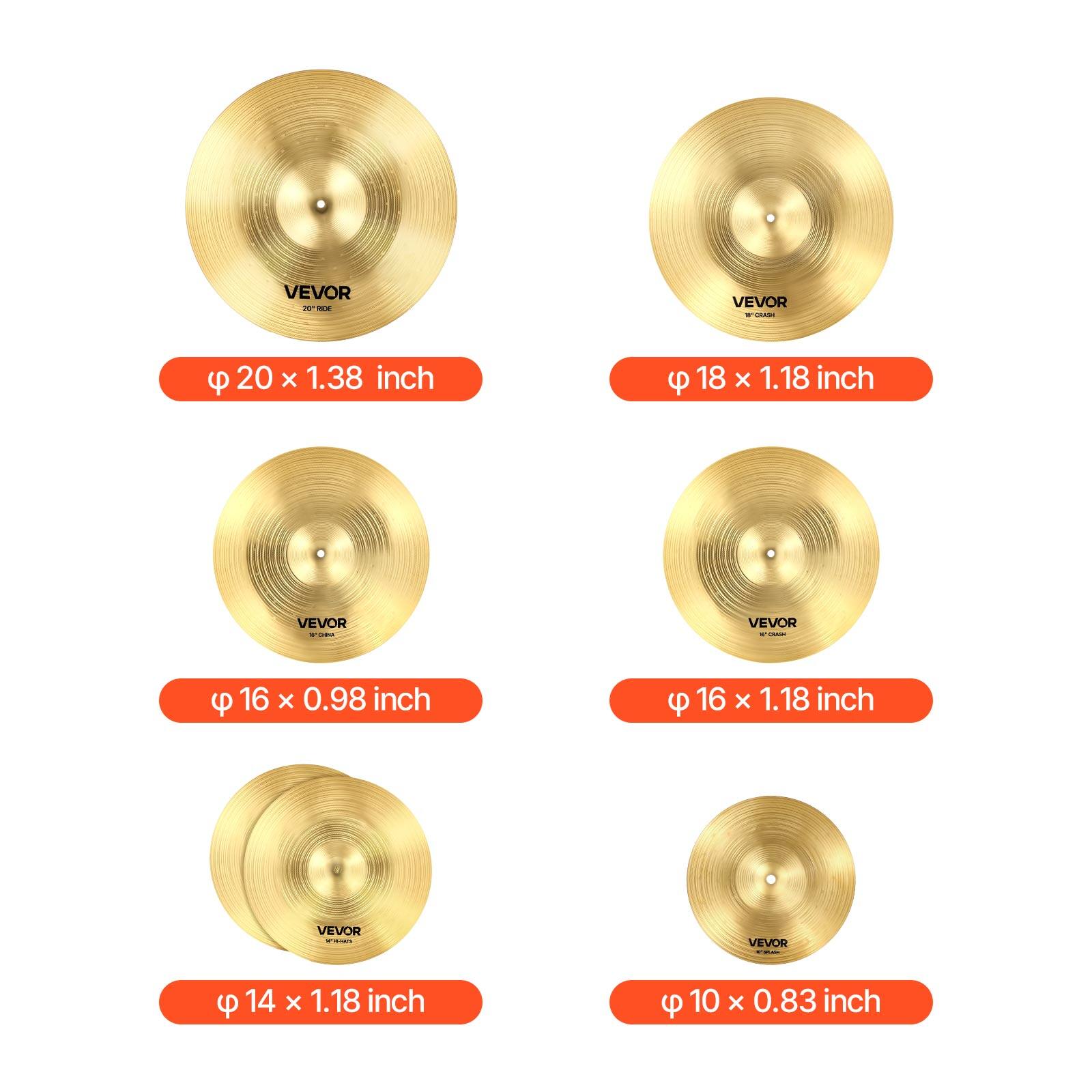 VEVOR  
- 20 x 1.38 inch  
- 18 x 1.18 inch  
- 16 x 0.98 inch  
- 16 x 1.18 inch  
- 14 x 1.18 inch  
- 10 x 0.83 inch