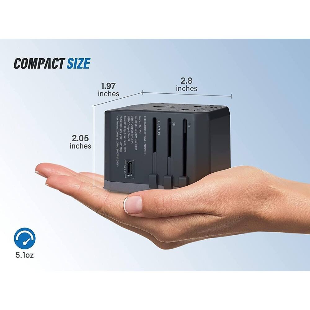 COMPACT SIZE

1.97 inches  
2.8 inches  
2.05 inches  

5.1oz  

Model: Power Output  
Input: 100-240V  
Output: 5V/2.4A  
Frequency: 50-60Hz  
Max: 28W  

EICA  
WETAG USA/AUS UK  

Mx AC R TulalDK USa USBA