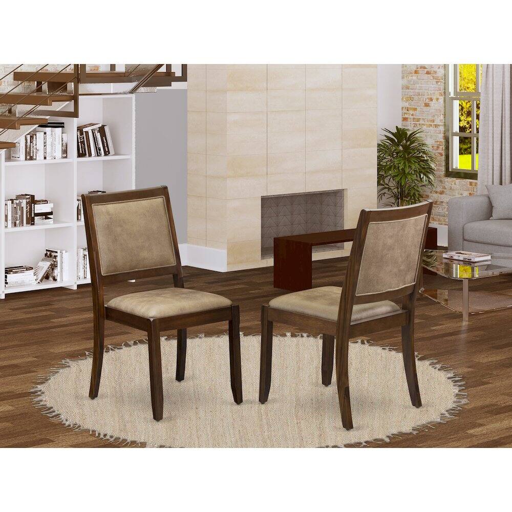 Angle. Luxe - Dining Room Chair with brown textured Faux Leather and upholstered back - Antique Walnut.